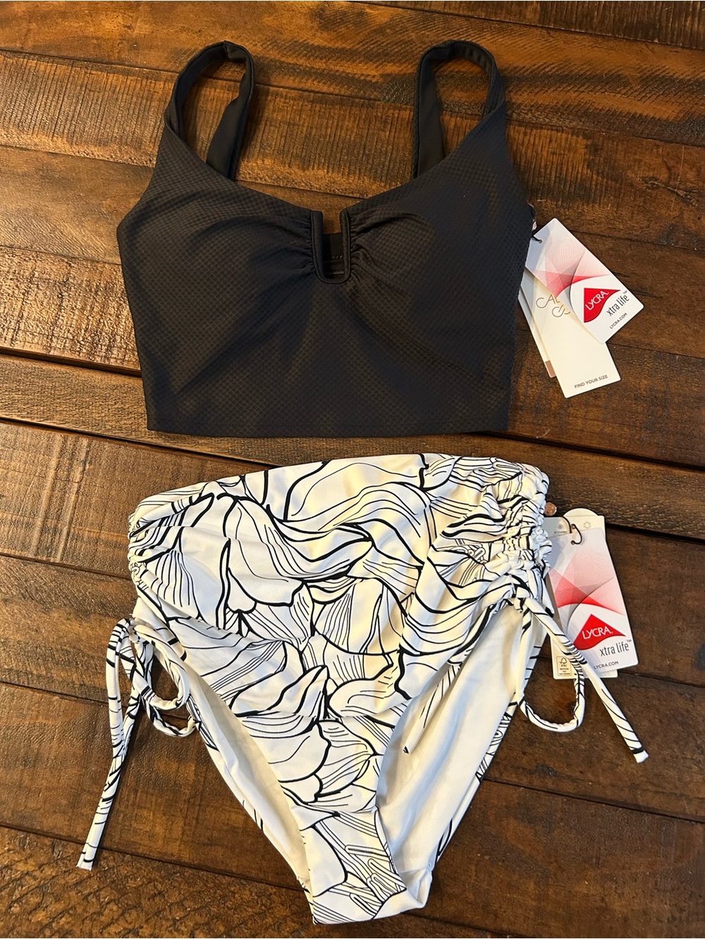 Classic Black Crop Bikini Top with White Floral-Print High-Waist Bottom